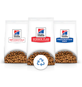 Embalagem de alimentos para animais de companhia da Hill's com sinal de reciclagem