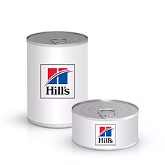 Latas brancas de alimento Hill's e caixa de cartão